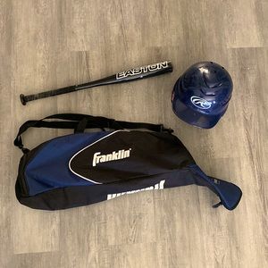Baseball bat, bag and helmet.